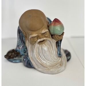 Chinese Mudman Shou Xing God of Longevity Ceramic Figurine Flambe Glaze Peach